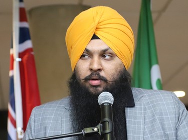 Karanbir Badhesha makes a point at a ceremony marking Sikh Heritage Month at Tom Davies Square in Sudbury, Ont. on Wednesday April 3, 2024. A flag-raising ceremony was also held as part of the event. John Lappa/Sudbury Star/Postmedia Network