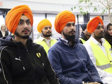 An audience looks on during a ceremony marking Sikh Heritage Month at Tom Davies Square in Sudbury, Ont. on Wednesday April 3, 2024. A flag-raising ceremony was also held as part of the event. John Lappa/Sudbury Star/Postmedia Network