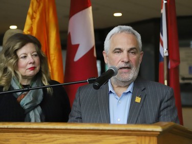 Sudbury MP Viviane Lapointe and Nickel Belt MP Marc Serre take part in a ceremony marking Sikh Heritage Month at Tom Davies Square in Sudbury, Ont. on Wednesday April 3, 2024. A flag-raising ceremony was also held as part of the event. John Lappa/Sudbury Star/Postmedia Network