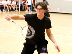 Callum Baron, of Lockerby Vikings, returns a birdie during action at the Sudbury Invitational Badminton Tournament at St. Benedict Catholic Secondary School in Sudbury, Ont. on Friday April 5, 2024.
