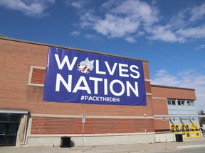 A Wolves banner has been draped over the outside wall at the Sudbury Community Arena on Minto Street in Sudbury, Ont. The Wolves play the North Bay Battalion in the second round of the playoffs starting Thursday April 11 in North Bay. John Lappa/Sudbury Star/Postmedia Network