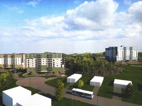 The SalDan Construction Group wants to build three nine-storey towers that, collectively, will contain more than 300 housing units, including 108 affordable dwelling units on Fieldstone Drive. City of Greater Sudbury image