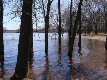 Water from Vermilion River has started to flood Centennial Park in Whitefish, Ont. on Monday April 15, 2024. John Lappa/Sudbury Star/Postmedia Network