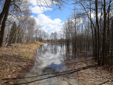 Water from Vermilion River has started to flood Centennial Park in Whitefish, Ont. on Monday April 15, 2024. John Lappa/Sudbury Star/Postmedia Network