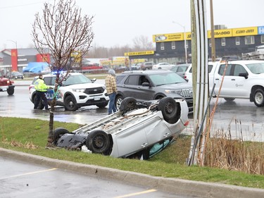 A passenger in a vehicle had to be extricated by firefighters following a collision on Notre Dame Avenue in Sudbury, Ont. on Monday April 29, 2024. Greater Sudbury Police said in a tweet that the person was transported to hospital and the extent of injuries were unknown. John Lappa/Sudbury Star/Postmedia Network