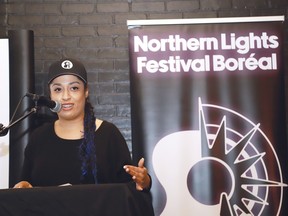 Tessa Balaz, executive director of Northern Lights Festival Boreal, announces the lineup for the festival at a press conference at the Sudbury Theatre Centre in Sudbury, Ont. on Wednesday April 3, 2024.
