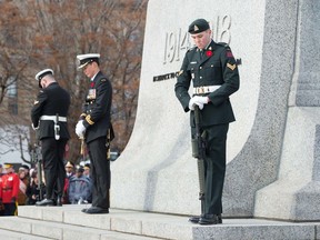 Six Armed Forces members chosen from a nationwide pool to participate in the annual Remembrance Day Sentry Program are shown at the National War Memorial in Ottawa on Nov. 11, 2019.