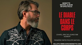 Serge Monette releases Le diable dans le corps on April 7; he has a launch party in Sudbury on April 13