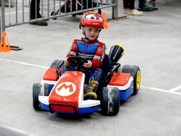Hudson Crawford-Portelance prepares to negotiate a corner on the Mario Kart course at the 2024 Northern Ontario Expo at the McIntyre Arena on Saturday. THOMAS PERRY/THE DAILY PRESS