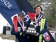 Owen Sound's Nico Murdoch and Elle Nash celebrate after winning the under-14 men and women's provincials in alpine skiing in March. Photo supplied.