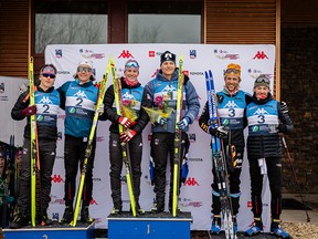 Oxenden's Julian Smith with teammate Antoine Cyr (far right) won the bronze medal in a team event at the final SuperTour event of the Nordic ski season in Minnesota. Photo submitted.