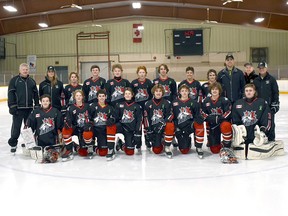 The Arran-Elderslie Ice Dogs under-15 team won a silver medal at the OMHA championships in Halton Hills this past weekend, here the Ice Dogs are pictured wearing alternate custom team jerseys with the Green Ribbon for Mental Health Awareness. Back row (left to right): Greg Fritz (Assistant Coach), D’elle Calhoun (Trainer), Brayden Price, Karden Calhoun, Alek Fritz, Ian Madill, Porter Bates, Waylon Greig, Owen Molnar, Andrew Sopkowe (Team Manager), Greg Price (Assistant Coach), Scott Price (Head Coach). Front row (left to right): Aidan Stephenson, Owen Weir, Jesse Price, Ethan Sopkowe, Jake Fitter, Simon Johnson, Carter Grieve, Peyton Lewis. Photo provided by: Lyndsie Greig (Parent Rep).