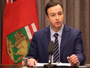 Manitoba Finance Minister Adrian Sala delivers the third quarter fiscal update in Winnipeg on Friday, March 22, 2024.