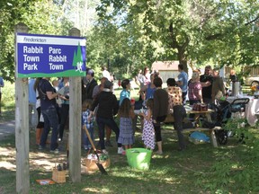 Residents gather at Rabbit Town Park in this file photo to celebrate the traffic-calming circles installed on Northumberland Street. Fredericton Mayor Kate Rogers says the city should consider revisiting neighbourhood parks as part of its new recreation and leisure master plan.