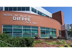 A photo of the sign for city hall in Dieppe New Brunswick.