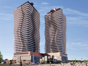 A rendering shows two 33-storey highrises proposed for the London Mall site at 530 Oxford St. at Wonderland Road. (Supplied)