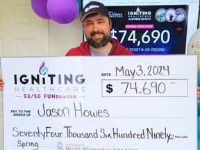 Jason Howes, a Chatham-Kent native now living in St. Thomas, is the winner of the $74,690 grand prize jackpot in the Chatham-Kent Health Alliance Foundation's Igniting Healthcare spring 50/50. (Supplied)