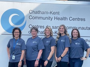 Facilitating the First Five program at Chatham-Kent Community Health Centres are nurse practitioners Lisa Babcock, left, and Kathy-Lynn Stennett, registered practical nurse Sarah Galos, health promoter Allison Vitek and Heather Carnahan, director of clinical and client services. (Supplied)