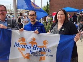 Shown from left during Monday's launch for Mental Health Week are Mayor Darrin Canniff, left, survivor survivor Gordon Chandler, and Jenny Jackson, acting executive director of the Mental Health Network of Chatham-Kent, take part in Monday's launch of mental health week outside the Chatham-Kent Civic Centre in Chatham. (Trevor Terfloth/Chatham Daily News)