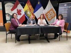 Group photo of Dina Lavoie, regional director for Working NB Campbellton office; Marc Pelletier, general manager of District scolaire francophone Nord-Est; Marie-France Bérubé, dean of the School of Business and Office Automation at CCNB; and Roberta McIntyre, regional director of Working NB Miramichi office