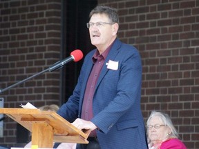 West Grey Mayor Kevin Eccles speaks during a rally to save healthcare at Owen Sound City Hall on Saturday, May 11, 2024.
