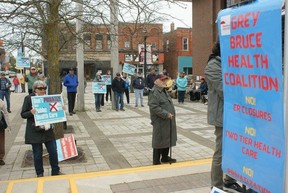 Participants in a rally to save healthcare at Owen Sound City Hall on Saturday, May 11, 2024.