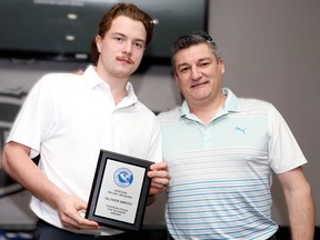 Nearly a month after they raised the Copeland Cup-McNamara Trophy as NOJHL champions, several players from the Greater Sudbury Cubs walked away with even more hardware from the team’s season-end awards ceremony. Oliver Smith, pictured at left alongside head coach Darryl Moxam, was the most decorated player at the celebration.