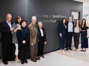 Cambrian College’s School of Business has been renamed as the Douglas A. Smith Family School of Business, in honour of the Douglas A. Smith Family Foundation. Smith is the founder of Manitoulin Transport. Picture are Gord Smith (left), Beth Smith, Anthony Smith, Doug Smith, Nickie Hinds, Jillian Smith, Brianna Smith, Emma Smith, Kristine Morrissey, and Parvinder Arora. Supplied