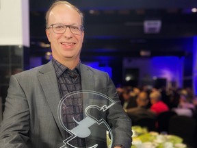 On Thursday, nominees, recipients, their friends and families, attended the Greater Sudbury Chamber of Commerce Bell Business Excellence Awards evening. Pictured is Jeff Smith, of Manitoulin Transport, selected as the Executive of the Year. Hugh Kruzel photo