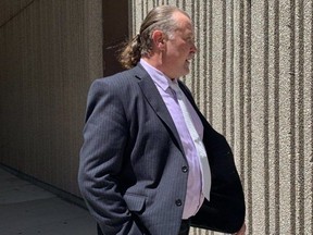 Trevor Birtch, the former mayor of Woodstock, leaves the London courthouse following closing arguments at his sexual assault trial on May 30, 2024. (Jane Sims/The London Free Press)