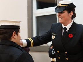 Lieutenant (N) Nicole Baker, CD, is receiving the award for Top Sea Cadet Officer in Canada, the National President's Award.