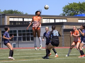 North Park Collegiate’s Jada Arthurs puts the ball on goal against Bishop Macdonell Catholic High School on Thursday at Bisons Alumni North Park Sports Complex during the CWOSSA AA girls soccer final. Brian Smiley