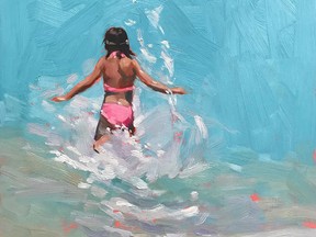 A painted piece of a young girl in waves.