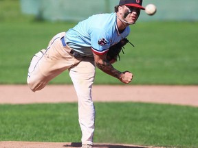 Sarnia Brigade's Kaden Gray (17) pitches against the Ilderton RiverHawks in Game 2 of a Southwestern Senior Baseball League doubleheader at Stan Slack Field at Errol Russell Park in Sarnia, Ont., on Sunday, July 30, 2023. (Mark Malone/Postmedia Network)