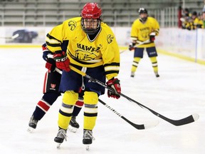 Chatham-Kent Golden Hawks' Ali Altiman (19) plays against the Holy Names Knights in the SWOSSAA girls AAA hockey final at Chatham Memorial Arena in Chatham, Ont., on Monday, March 4, 2024. Mark Malone/Chatham Daily News/Postmedia Network