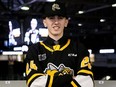 Sarnia Sting first-round draft pick Alessandro Di Iorio is introduced at a news conference at Progressive Auto Sales Arena in Sarnia, Ont., on Saturday, April 13, 2024. Mark Malone/Chatham Daily News/Postmedia Network