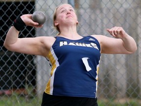 Brooke Bentley of Chatham-Kent competes in the senior girls' shot put at the third LKSSAA all-comers track and field meet at the Chatham-Kent Community Athletic Complex in Chatham Tuesday. She had a winning throw of 10.78 metres. (Mark Malone/Chatham Daily News)