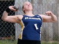 Brooke Bentley of Chatham-Kent competes in the senior girls' shot put at the third LKSSAA all-comers track and field meet at the Chatham-Kent Community Athletic Complex in Chatham, Ont., on Tuesday, May 7, 2024. She had a winning throw of 10.78 metres. Mark Malone/Chatham Daily News/Postmedia Network