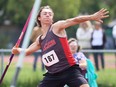 Jack Helps of Lambton Central throws in the senior boys' javelin at the LKSSAA track and field championship at the Chatham-Kent Community Athletic Complex in Chatham, Ont., on Tuesday, May 14, 2024. He had a winning throw of 51.70 metres. Mark Malone/Chatham Daily News/Postmedia Network