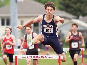 Sam Warriner of Chatham-Kent runs in the senior boys' 400-metre hurdles at the LKSSAA track and field championship at the Chatham-Kent Community Athletic Complex in Chatham Wednesday. He won in 56.76 seconds. (Mark Malone/ Chatham Daily News)