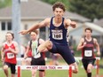 Sam Warriner of Chatham-Kent runs in the senior boys' 400-metre hurdles at the LKSSAA track and field championship at the Chatham-Kent Community Athletic Complex in Chatham, Ont., on Wednesday, May 15, 2024. He won in 56.76 seconds. Mark Malone/Chatham Daily News/Postmedia Network