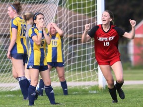 Lambton-Kent Cardinals' Abi Coffin (18) celebrates a goal against the Pain Court Patriotes in an LKSSAA senior girls soccer A semifinal at Lambton-Kent Composite School in Dresden, Ont., on Thursday, May 16, 2024. The Cardinals won 5-0. Mark Malone/Chatham Daily News/Postmedia Network
