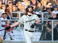 Seth Strong (30) admires the first home run in Chatham-Kent Barnstormers history after going deep against the Kitchener Panthers in an Intercounty Baseball League game at Fergie Jenkins Field at Rotary Park in Chatham, Ont., on Saturday, May 18, 2024. Mark Malone/Chatham Daily News/Postmedia Network