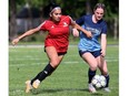 Northern Vikings' Olivia Netskos, left, and Ursuline Lancers' Abby Stonehouse battle in the LKSSAA senior girls soccer AAA final at Ursuline College Chatham in Chatham, Ont., on Friday, May 24, 2024. Mark Malone/Chatham Daily News/Postmedia Network