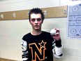 Owen Sound North Stars junior B captain Carter Moran poses with the ball he used to score his 100th-career OJBLL goal in a win on the road against the Wallaceburg Red Devils Sunday. Photo by the North Stars.