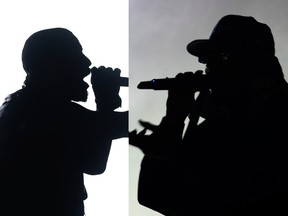 Composite of two images. (Right) Kendrick Lamar performs at Osheaga, in Montreal, on Sunday, August 6, 2023. (Allen McInnis / MONTREAL GAZETTE) (Left) Drake performs during day two of Lollapalooza Chile 2023 on March 18, 2023 in Santiago, Chile. (Photo by Marcelo Hernandez/Getty Images)