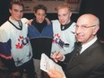 NHL Central Scouting director Frank Bonello poses with three players in the 2000 CHL Top Prospects Game — Rostislav Klesla, left, Lou Dickenson and Raffi Torres. Bonello died Wednesday at age 91. (File Photo)