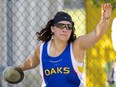Julia Tunks of London Oakridge shattered the WOSSAA senior girls discus record with a toss of 54.21 metres at Alumni Stadium on Friday, May 26, 2023. (Mike Hensen/The London Free Press)