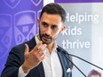 Education Minister Stephen Lecce speaks at a news conference at Western University in London on Monday, April 29, 2024. (Mike Hensen/The London Free Press)