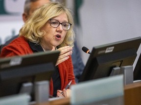 Coun.  Susan Stevenson asks a question of deputy city manager Kevin Dickins at a meeting of city council's strategic priorities and policy committee at London city hall on Tuesday, May 7, 2024. (Mike Hensen/The London Free Press)